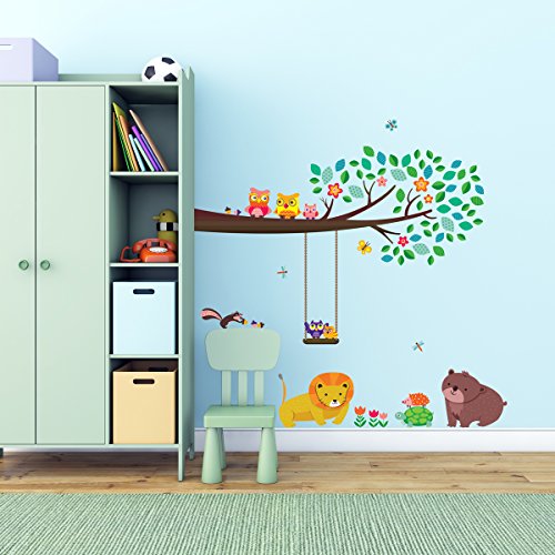 Decowall, DW-1410, Large Branch & Owls peel & stick Nursery wall decals stickers