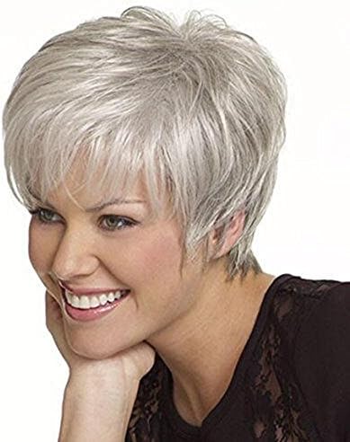 Meydlee Wig Medium Old Aged Synthetic Women Short Silver Wig