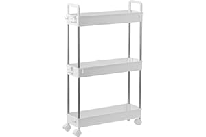 DPWEION 3-Tier Slim Storage Trolley Slide Out Rolling Utility Shelf Rack Storage Cart on Wheels Mobile Shelving Space Organizer for Kitchen/ Bathroom/ Laundry Room/ Office,Plastic & Stainless Steel(White S)