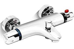 IXYDOR Bateria wannowa z termostatem, armatura wannowa z termostatem, armatura prysznicowa, natynkowa bateria mieszakowa, chrom, mosiężna armatura wannowa z przyciskiem bezpieczeństwa 38°C, kran do wanny