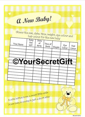 YourSecretGift A New Baby Shower Game - 2x Guess the Sex/Weight/Date/Time/Eyes/Hair sheets