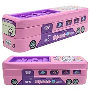 Toyshine Double Decker Cartoon Printed Bus Shaped Matal Pencil Box for Kids - Pink