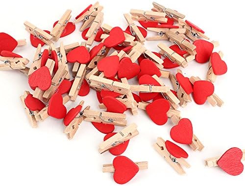 Hamhsin 50pcs Mini Wooden Heart photo pegs - cloth pegs/Paper Pegs/note Clips Holder for Home/Wedding Decor Craft (Red)