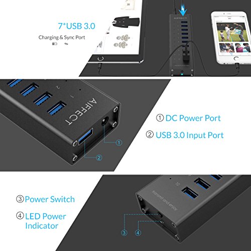 AIFFECT 10 Port USB 3.0 SuperSpeed Charging Hub with Power Adapter, BC 1.2 Charging Support – Black - 5