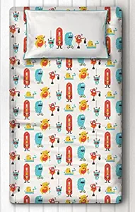 Silverlinen Silly Monsters 100% Cotton 250 TC Single Bedsheet for Kids Room for Boys and Girls with One Pillow Cover - Red
