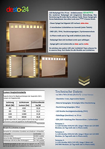 LED Badspiegel 50 x 70 cm Spiegel mit Beleuchtung RECHTS Bad Spiegel- GH-667975-1-W57-RECHTS – warm – weiß - 8