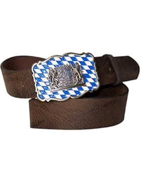 FRONHOFER Trachtengürtel Herrengürtel Bayernschnalle Rautenwappen Blau Weiß Handarbeit 4 cm Vollrindleder, 18148