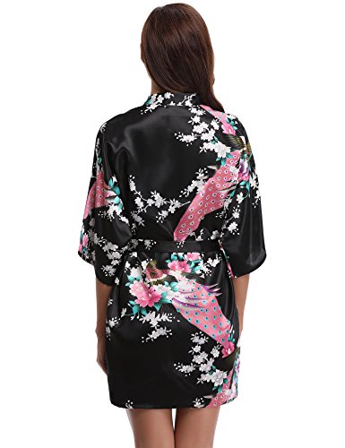Aibrou Damen Morgenmantel glatte Satin Nachtwäsche Bademantel mit Peacock und Blume Kimono Negligee Seidenrobe Schlafanzug Glanz Look kurz - 5