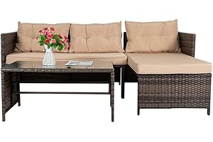 Buyer Empire Rattan Garden Furniture Sets Corner Sofa Glass Top Coffee Table Patio Set Sun Lounger Brown Family Lawn Furniture Outdoor for Garden Balcony Poolside