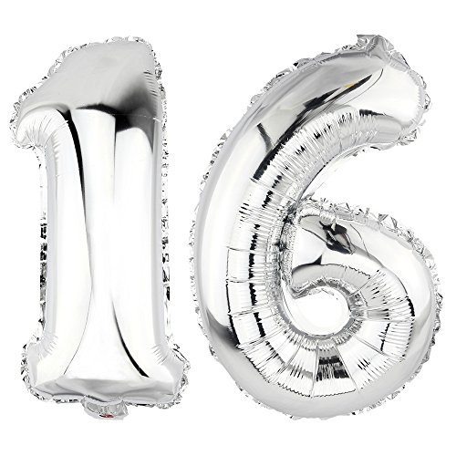 DekoRex® 16 als Folienballon Luftballon Zahlenballon Jahrestag Geburtstag in Silber 80cm hoch