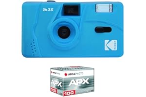 KODAK Pack M35 Argentique + Pellicule 100 ASA - Appareil Photo Kodak Rechargeable 35mm Cerulean Blue, Objectif Grand Angle Fixe, Viseur optique , Flash Intégré + Pellicule APX 100, 36 poses