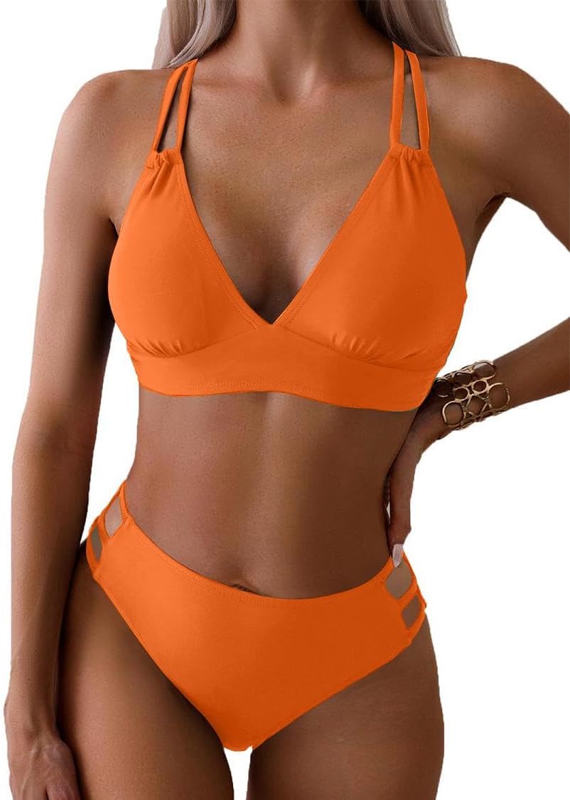 Joligiao Mujer Bikini Sexy Traje de Baño 2 Piezas Cuello en V Bikinis Brasileño con Triángulo Bañadores Bikini Top y Braga Cintura Alta Conjunto de Bikinis Playa