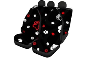 Binienty Individuelle Autositzbezüge für vorne und hinten, 4-teiliges komplettes Set, strapazierfähiger Stoff, Autositzschonbezug, passend für die meisten Fahrzeuge, Hundepfoten auf schwarzem Design