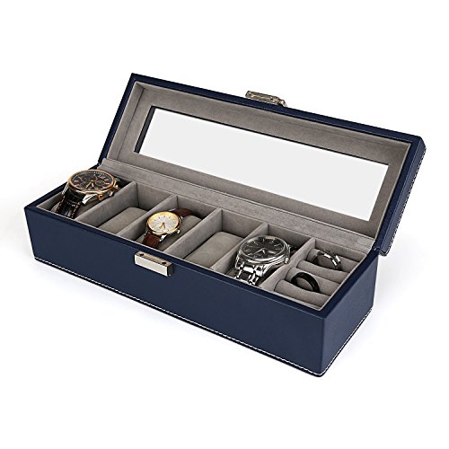 amzdeal Neueste Uhrenkasten Schmuckkasten für 6 Uhren und Ring Ohrringe mit Glasfenster - 5