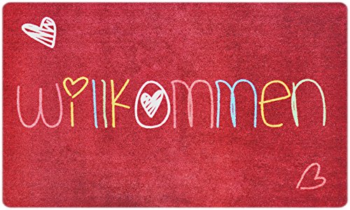 Designer-Fußmatte für Flur, Bad, Innen- und Außen-Bereich | Rutschfester und waschbarer Fuß-Abtreter | Praktischer Fußabstreifer und Schmutzfang-Matte | Willkommen Herz 75 x 120 cm Bunt-Rot | DECO-MAT