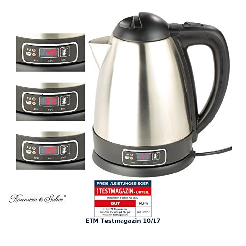 Rosenstein & Söhne Edelstahl-Wasserkocher mit Temperatur-Wahl, 1,8 Liter, 1.800 Watt