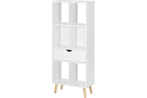 EUGAD Libreria Moderna Bianca Scaffale Espositore a 6 Cubi Mobile Autoportante per Soggiorno con 1 Cassetto Gambe in Legno Bianco 0012SHG