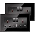 CNBINGO 2 Pack Glass Double Switched Socket with USB-A and Type-C Charging Ports (Output 2.1A), Black Tempered Glass Panel Wall Outlet, 2 Gang 13 Amp Electric Power Socket