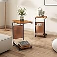 C Shaped End Table Movable Couch Side Table with Storage Bag Small 2 Tier Sofa Bed SideTable with Sturdy Metal Frame and Lockable Wheels for Living Room & Bedroom (15.7" L x 11" W x 25" H) (brown)