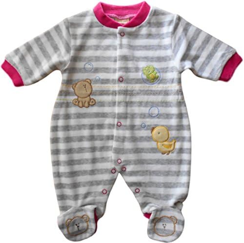 Newborn NB months - Baby Girls Striped Grey Pink Cute Animals Velour Sleepsuit