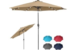 Panana 2.7M Garden Parasol with 24 Solar LED Lights Sun Shade Outdoor Umbrella 8 Sturdy Ribs with Crank and Tilt Mechanism for Poolside, Deck, Patio and Balcony