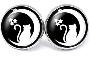 JUANLOWE Gatto & Moon - Orecchini da donna a forma di gatto in acciaio inox, motivo gattino, in bianco e nero con cabochon, Vetro