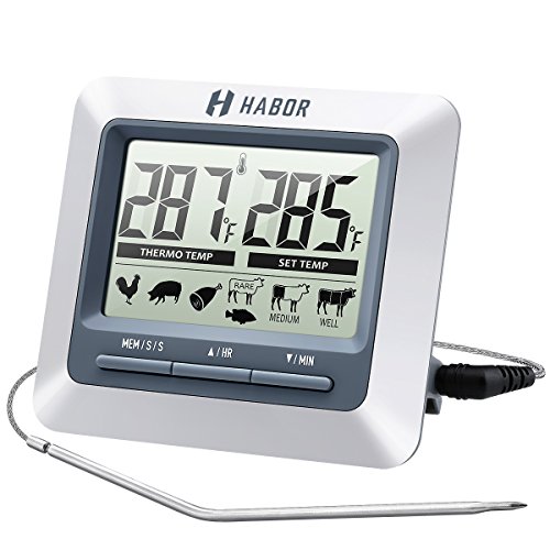 Habor Grillthermometer, Ofenthermometer, Bratenthermometer, Barbecue Grill Thermometer, digital Thermometer mit großen LCD Display, lange 304 Edelstahl Probe für Garten Grillen, Backen, Ofen, Kochen, Steak usw.