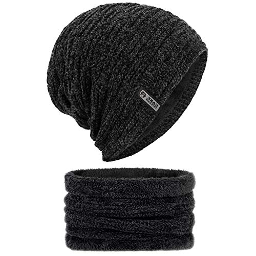 Wintermütze , otutun Warme Beanie Mütze Herren Damen Winter Strickmütze und Schal Set mit Weichem Fleecefutter, Schwarz