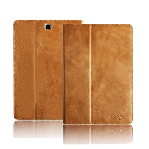 Samsung Galaxy Tab A 9.7 Hülle, Boriyuan Echt Leder Case Schutztasche aus echtem Leder mit Standfunktion, Auto Sleep Wake up und Fach für Kreditkarten, mit Displayschutzfolie + Stylus für das Samsung Galaxy tab a 9,7 Zoll – (Braun) - 2