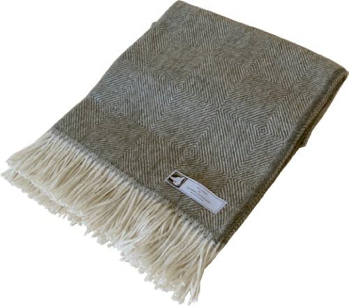 5109 Baby Alpaca Fishbone Blanket Light Creamy Grey, Exceptionally Soft Touch, Woollen Blanket with Cream Coloured Fringe, 130 x 200 cm