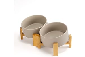 SPUNKYJUNKY Kippbarer Hundenapf Keramik Doppel Hund Futternapf mit Bambus Ständer 0° und 15° Neigungswinkel für Haustiere Katzen und Welpen Großes Gesicht Hund (850ml, Grau × 2)