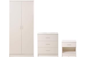 TAD TIMBER ART DESIGN UK Timber Art Design UK Rio Costa 3 Piece Bedroom Furniture Set Includes 2 Door Wardrobe with Hanging Rail & Shelf, 3 Drawer Chest & 1 Single Drawer Bedside Table for Livingroom, Bedroom, Hallway, White
