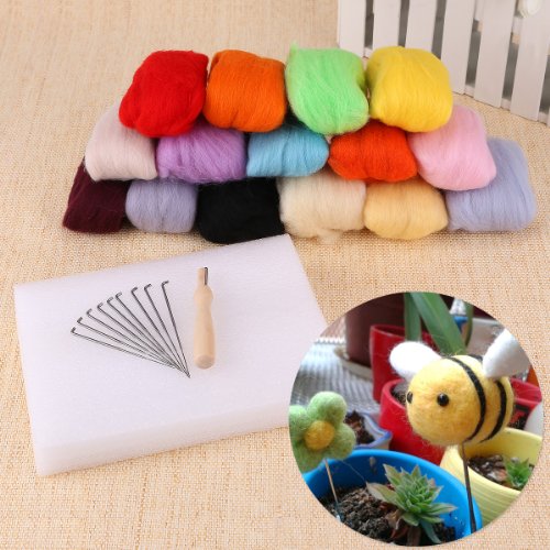 15 Farben Filzwolle & Filznadeln für trocken Filzen Trockenfilzen Nadelfilzen Nadelhalter Filznadelhalter Starterset Basteln DIY - 3