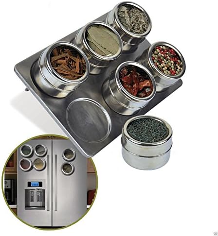 Stainless Steel Spice Jars, Salt and Pepper Mills, Multi-Purpose Round Storage Spice Rack Set, 6 Jars, Magnetic Spice Tins, Clear Shift and Pour Lid