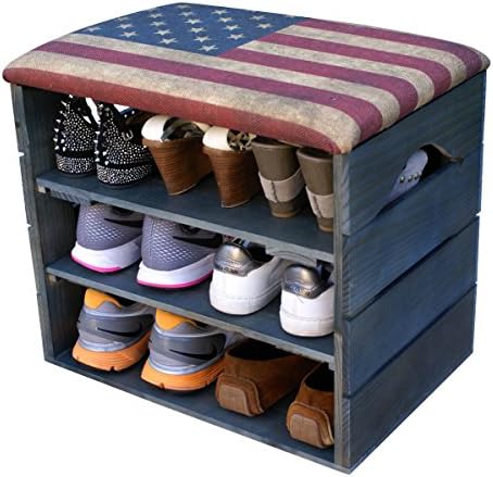 Liza Shoes Bench (PETROLEUM BLUE) - Premium Vintage Wooden Shoes Organiser, Storage, Cabinet, Holder Bench with Soft Seat Cushion for Entryway, Hallway. Solid Nordic Wood (US Retro Flag)