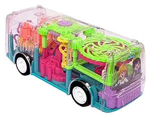 Cable World Transparent 3D Bus Toy 360 Degree Rotation, Gear Simulation Mechanical Bus Sound and Light Toy for 2-5 Years Boys and Girls