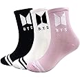SOSAYI 3 Pairs of BTS Bangtan Boys Socks, Cotton Knitted Socks, Warm Sports Socks with 1 BTS 3D Sticker and 2 BTS Photocard, BTS Fan Item Gift Set for Army