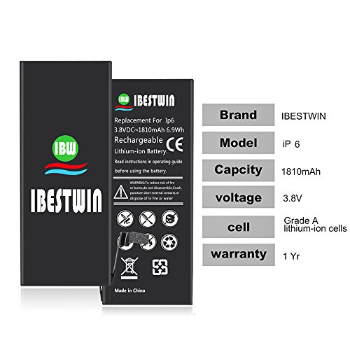 IBESTWIN Replacement Battery Model iP 6, 3.8V 1810mAh Battery with Removal Tool Set, Battery Adhesive Strip and Instruction, 1 Year Warranty