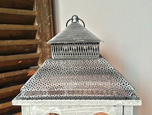 XL Holz Laterne Windlicht Metalldach weiß / grau gewischt – 60 cm – Landhaus Shabby Chic - 3