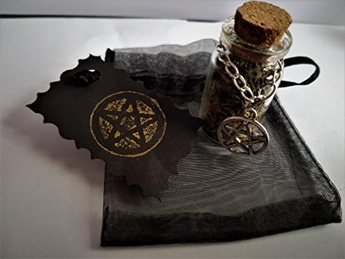 Pagan Witches Bottle ~ Hand Blended Herbs &amp; Oil ~ BANISH HEX ~ CURSE ~ BAD LUCK ~ Witches Glass Potent Potion Bottle ~ Symbolic Charm ~ Goddess Moon Magic ~ Gold~Black Pentagram Protection Card ~ Spiritual Gift. Celtic Wicca