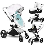 Amzdeal 3 en 1 Poussette Combinée Pliable, Poussette Trio pour Bébé 360° Rotation Guidon réglable en Cuir PU avec Cosy et Nacelle (Tube Argent & Matelas Bleu)