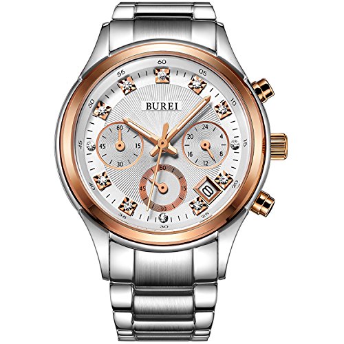 BUREI Rose Goldene Frauenuhr mit Datum Analog und Edelstahl Armband