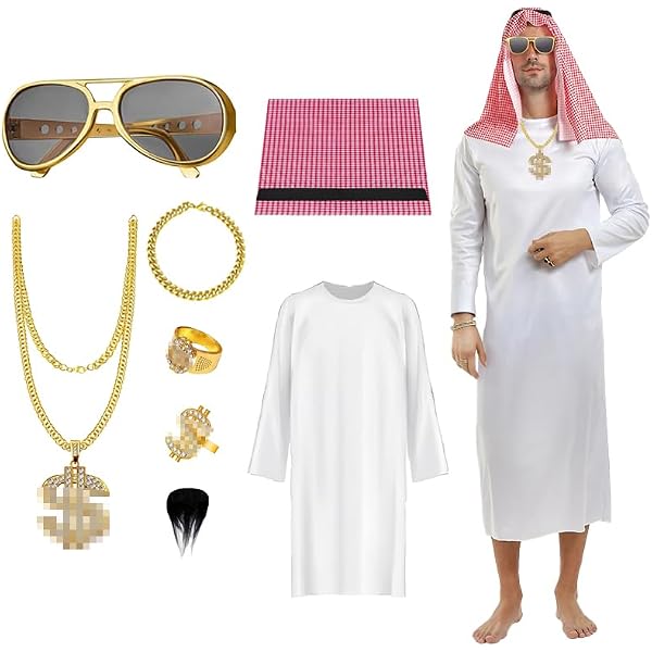 Disfraz De Jeque Árabe Para Adulto – Túnica Blanca, Pañuelo Y Cinta, Perfecto Para Halloween, Carnaval Y Fiestas De Disfraces