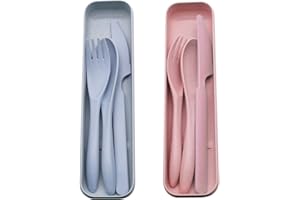VicBou Travel Cutlery Set with Case, 2 Sets Portable Camping Cutlery, Reusable Spoon Fork Knife Sets for Travel Picnic School Camping Outdoor or Daily Use,(Blue, Pink)
