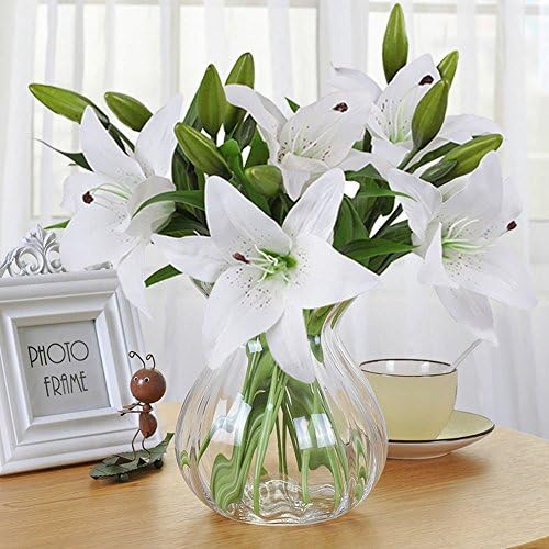 BYG Artificial flowers, 5pcs Artificial Lillies with 3 Buds, Full Bloom Artificial Latex Real Touch Flowers for Home Decor, Wedding, Parties, Offices, Restaurants(White)