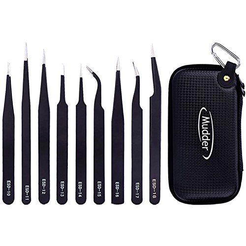 Mudder 9 Stück Anti-Statik ESD Pinzetten Pinzette Kit Unmagnetischer ESD Pinzette mit Aufbewahrungstasche