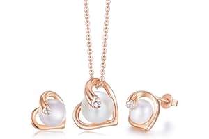 PHENIOTACE Conjunto de Joyas Mujer de Corazón de Perlas de Agua Dulce Collar y Pendientes, Cristal de Swarovski, Oro Rosa, Regalo para Ella 01868