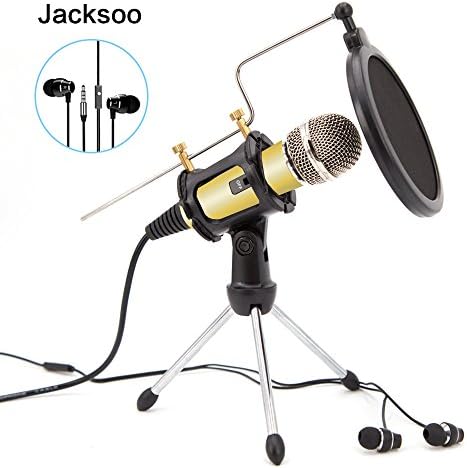 Jacksoo Home Studio Condenser Microphone with Earphone/Earbuds Microphone Stand for Iphone Android PC Recording,Live,Podcasting,Mini Desktop MIC Stand dual-layer acoustic popfilter (Gold)