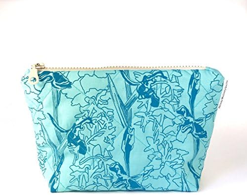 Quilted Makeup Bag Handprinted Turquoise Blue Floral Washable Travel Cosmetics Pouch Gift For Her
