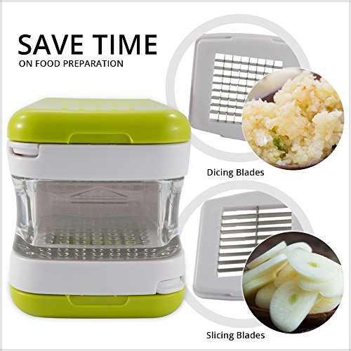 Sujeo Knoblauchpresse mit Edelstahlklingen, inkl. Zubehör, hellgrün, kein Geruch an den Händen, Knoblauchwürfen, 7 cm Würfel - 5